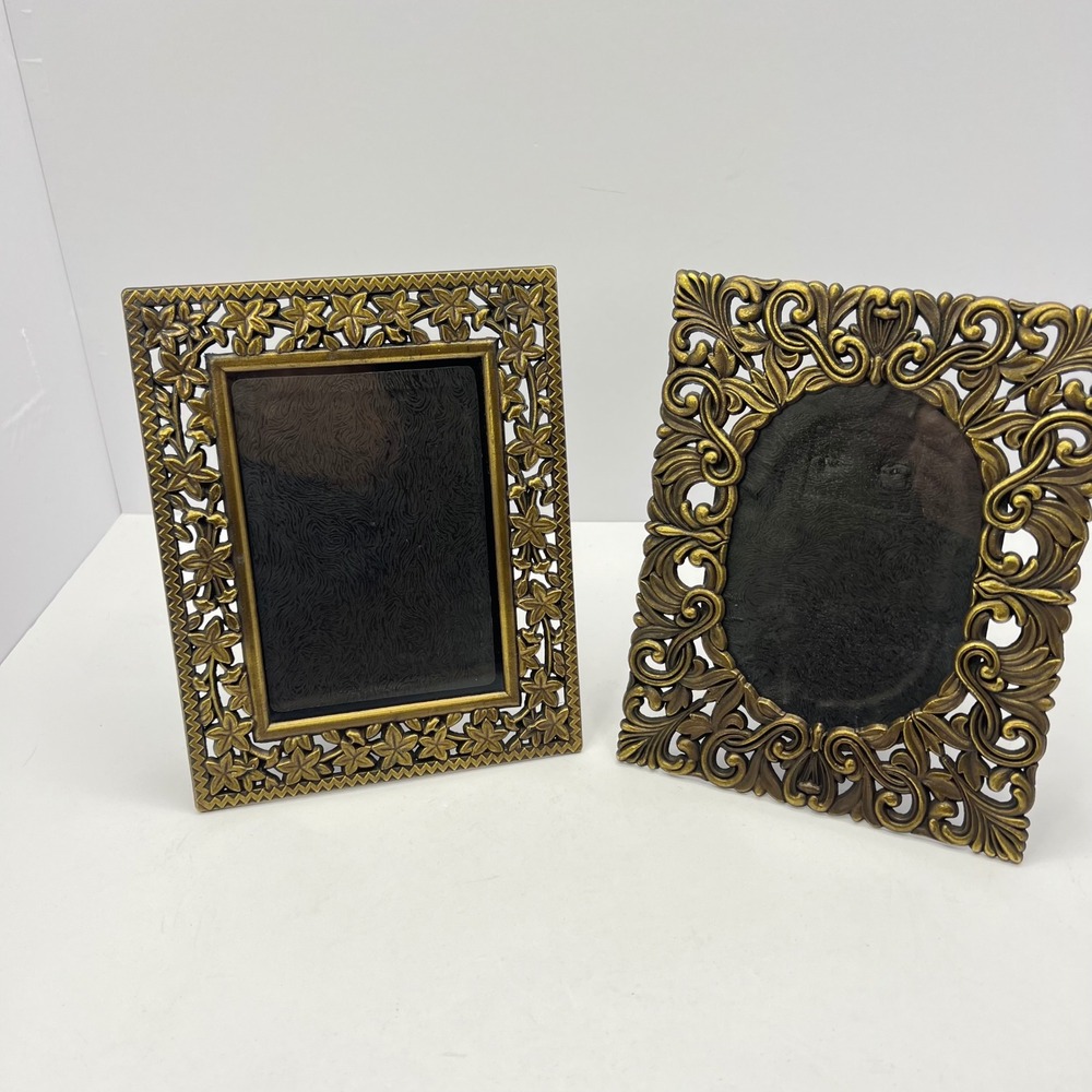Gold Ornate Picture Frame Set of 2 Vintage 3.5 x 5" Filigree Floral Victorian